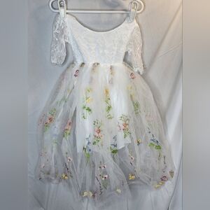 Floral Embroidered White Kids Dress 18-24mo,w/ Tights(sm) & Head Flowers